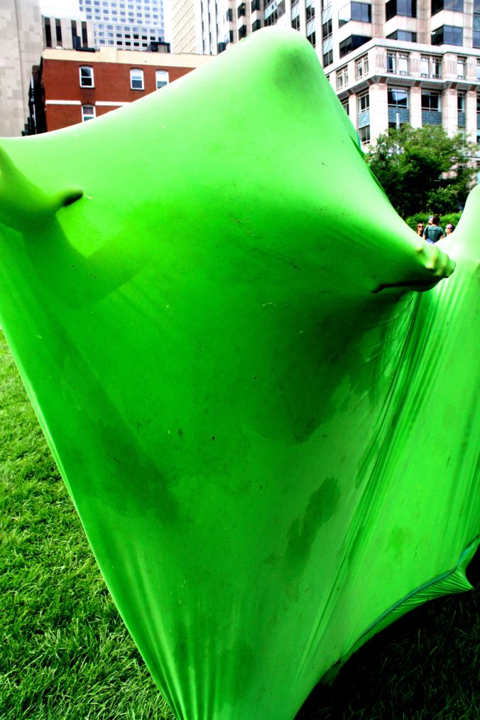 boston greenway person in green stretchy sack 6