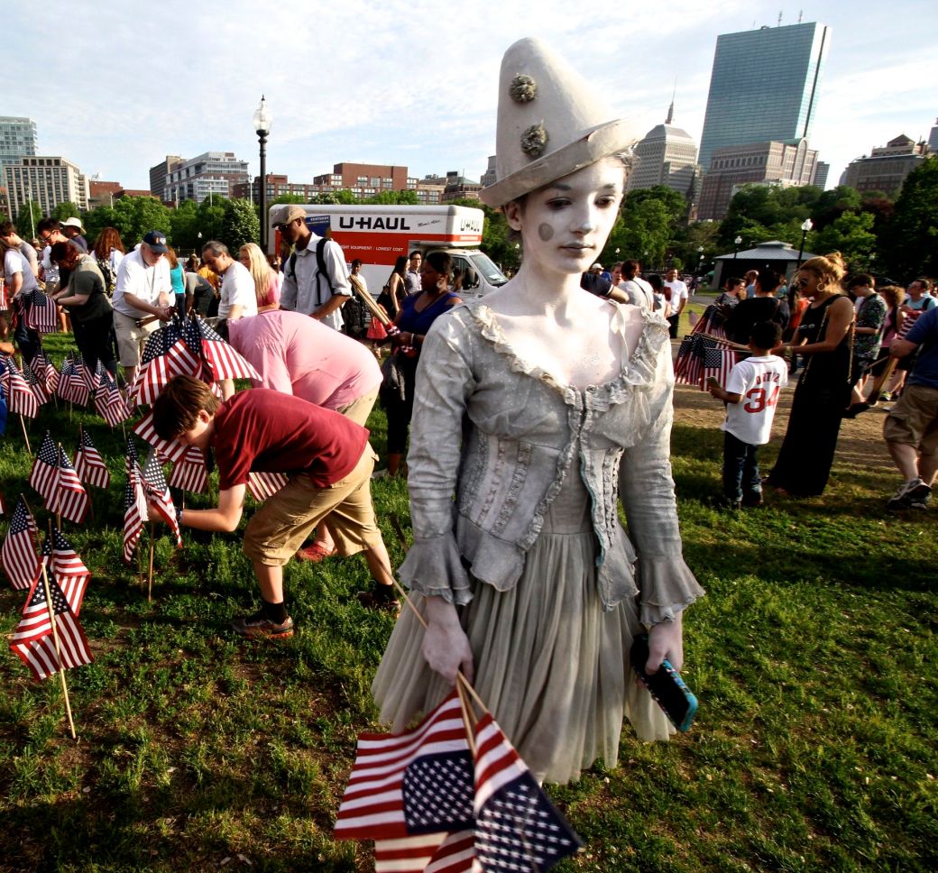 boston memorial day flags boston common woman in white clown outfit 4