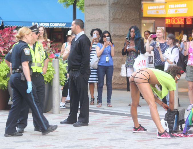 boston downtown crossing man in thong high heels singing dancing in front of macy's 22