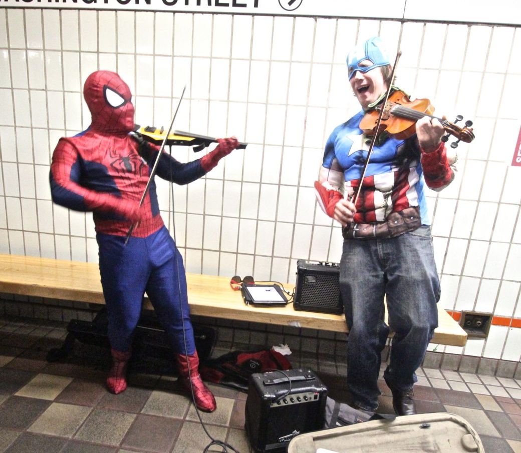 boston downtown crossing men dressed as spiderman and captain American playing violins 2