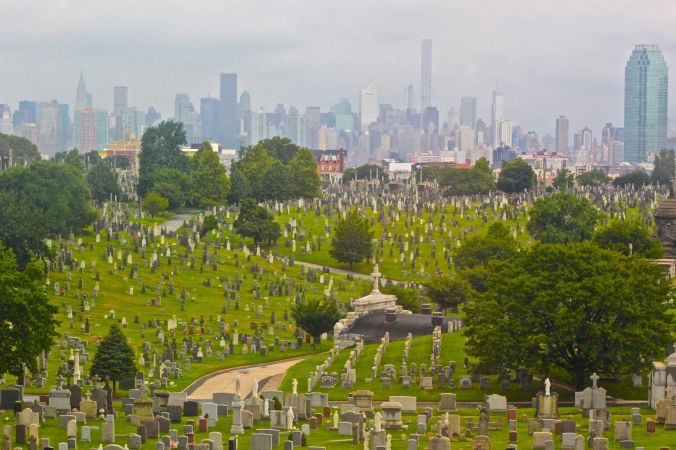 new york city cemetery skyline in the background